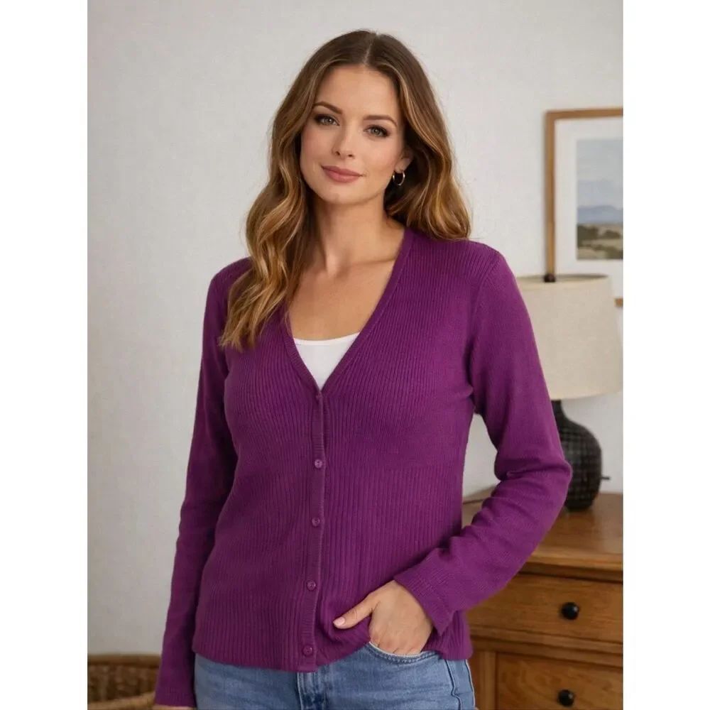 Vintage COSMOS Jeans Plum Purple Cotton Ribbed V-Neck Button Cardigan Size XL
